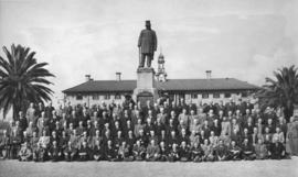 Pretoria, 17 May 1944. Pioneers of NZASM in front of Paul Kruger statue at railway station.