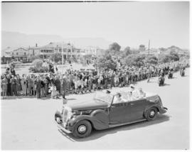 Harrismith, 13 March 1947. Royal Family in open Daimler being greeted by crowd.