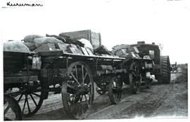 Kuruman, 1915. Steam tractor with two wagons during World War One.