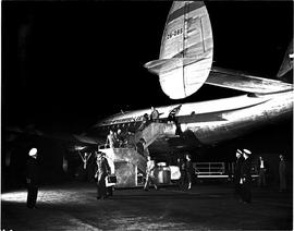 Johannesburg, 1955. Jan Smuts airport. SAA Lockheed Constellation ZS-DBS 'Johannesburg' at night.