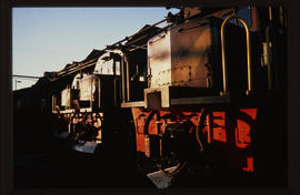 Close-up of locomotives in loco shed.