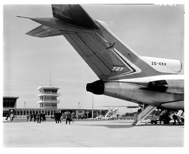 East London, 1968. Ben Schoeman airport. SAA Boeing 727 ZS-EKX 'Swakop' tail.