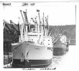Durban, January 1971. 'SA Drakenstein' moored in Durban Harbour.