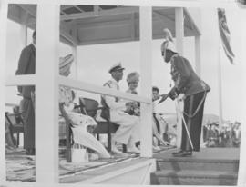 Lobatsi, Bechuanaland, 17 April 1947. King George VI making presentation to Chief Tshekedi, Regen...