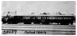 Pretoria. SAR railcar at Irene station, earlier CSAR steam motor M9-M11 with short coach.