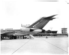 East London, 1970. Ben Schoeman airport. SAA Boeing 727 ZS-SBD 'Oranje' tail.