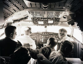 Cape Town, 1960. DF Malan airport. SAA Boeing 707 cockpit scene in flight.