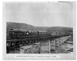 Circa 1902. Construction Durban - Mtubatuba: Special train for inspection on Tugela Bridge. The m...