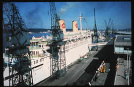 Durban, 1975. Passenger ship berthed in Durban Harbour.