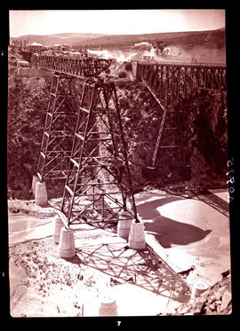"Mossel Bay district, 1930. Construction of Gourits River bridge. Two bridges and camp."