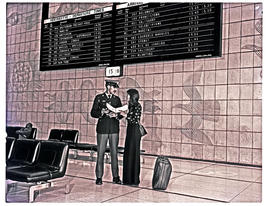 Johannesburg, 1975. Jan Smuts airport. SAR Police officer assisting passengers.