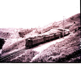 "Van Reenen, 1958. Four SAR Class 1E's with passenger train going down Van Reenen's pass."