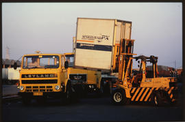 Johannesburg, 1989. Forklift loading container on SAR Leyland truck at Kaserne container depot.