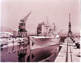 "Cape Town, 1950. 'Robin Locksley' in Sturrock dock in Table Bay harbour."