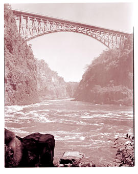 Victoria Falls, Rhodesia, 1946. Railway bridge viewed from below.