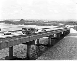 Port Elizabeth, 1968. SAR Mercedes Benz tour bus on bridge over Swartkops river.