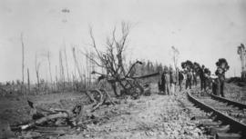 Leeudoringstad, 17 July 1932. Remains of 30 trucks after dynamite accident.