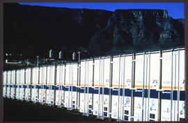Cape Town, 1988. Row of Fastfreight containers aat Culemborg depot.