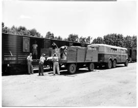 Louis Trichardt, 1953. SAR Albion three-axle bus unloading.