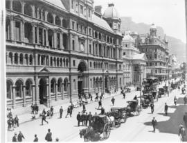 Cape Town. Adderley Street, carts, horses, tramcar.
