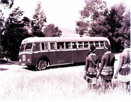 
Three girls watchng an SAR OM (Officine Meccaniche) motor coach bus No MT17138 with 'Glencoe' on...