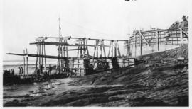 Wilderness, circa 1926. Kaaimans River bridge construction: Five trestles erected for temporary b...