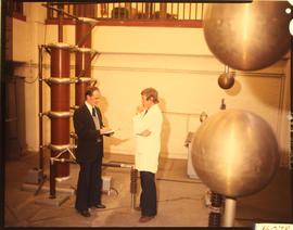 Johannesburg, January 1976. Two men in high voltage test room. [D Dannhauser]
