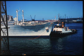 Durban, October 1972. Ocean liner 'Europa' with attendant tug in Durban Harbour. [JV Gilroy]