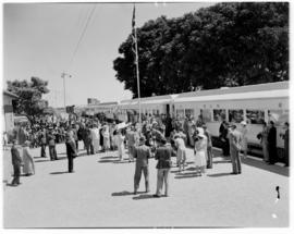 Hartley, Rhodesia, 10 April 1947. Royal Train at station with crowd on platform.