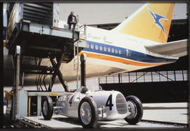 SAA Boeing 747 ZS-SAS 'Helderberg' with Auto Union racing car.
