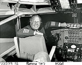 Pilot in SAA Boeing 707 cockpit simulator. Captain J. de Villiers Rademan.
