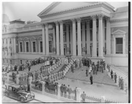 Cape Town, 21 February 1947. King George VI and Queen Elizabeth leaving the Houses of Parliament ...