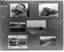 Six images of railway accident with two derailed locomotives.