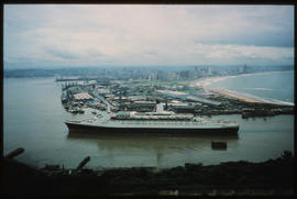 Durban, 1977. Passenger ship of the Cunard line entering Durban Harbour.