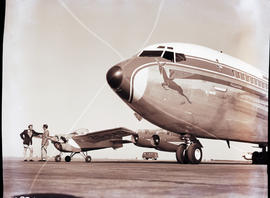 Johannesburg, 1960. Jan Smuts airport. SAA Boeing 707 ZS-CKC 'Kaapstad'. Note painted engines. Wi...