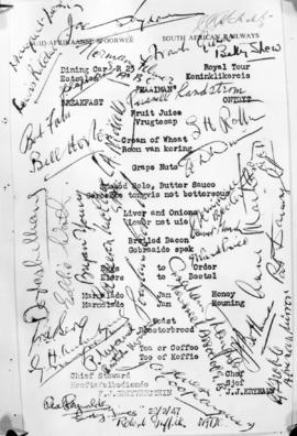 28 February 1947. A 'Kaaiman' breakfast menu with many signatures. Royal Tour.