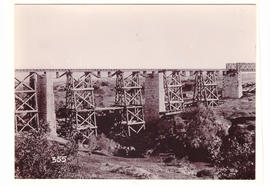 Orange Free State, circa 1900. Long bridge over the Vet River under construction during Anglo-Boe...