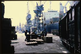 Durban, July 1987. Goods handling on wharf in Durban Harbour. [ T Robberts]