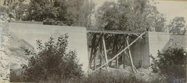 Timber trestle bridge between two concrete abutments.