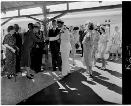 East London, 1 March 1947. King George VI, Queen Elizabeth, Princess Margaret in greeting line at...