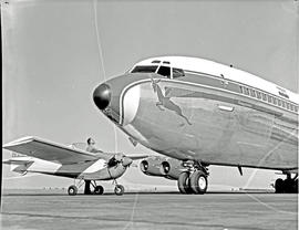 Johannesburg, 1960. Jan Smuts airport. SAA Boeing 707 ZS-CKC 'Kaapstad. Note painted engines. Wit...