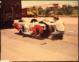 Pretoria, January 1976. Checking wheel profile on high speed bogie at Koedoespoort. [J Hoek]