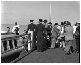 Vaal Dam, May 1948. Arrival of BOAC Solent flying boat G-AHIN 'Southampton'. Passengers on jetty.