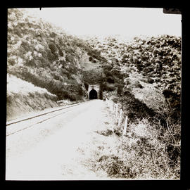 Railway line disappearing into tunnel.