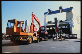 Durban, August 1985. Equipment leaving 'Kolsnaren' RoRo ship in Durban Harbour. [CF Gunter]