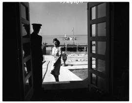 Vaal Dam, circa 1948. BOAC Solent flying boat G-AKCR 'Saint Andrew'. Air hostess outside terminal...