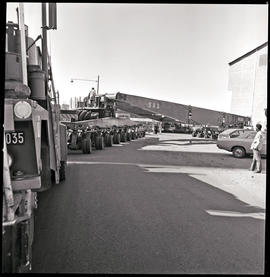 Pretoria, 1976. Abnormal load trailer being reversed into loading area by SAR International Pacif...