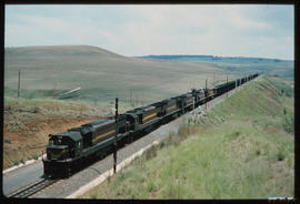 
SAR diesel locomotives on embankment on coal line.
