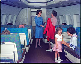 SAA Boeing 747 interior. Cabin service. Hostess.