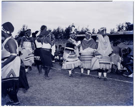 
Zulu women dancing in sports arena.
